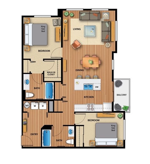 Floor plan for 2 beds, 2 baths, 1092 sqft